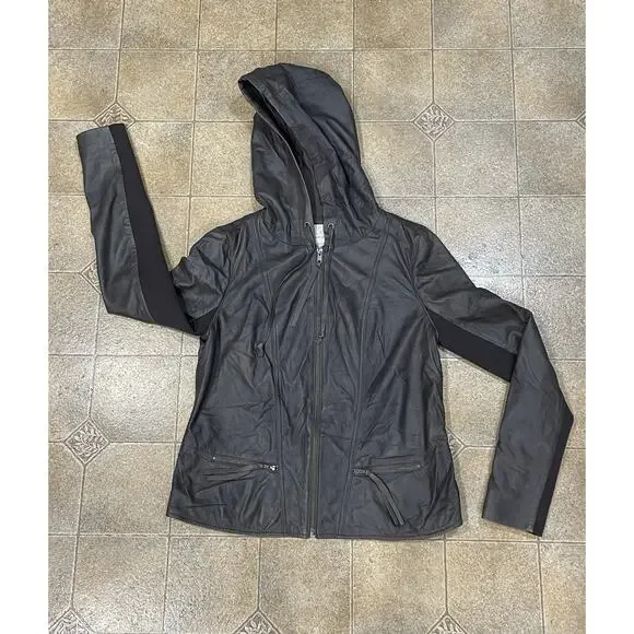 Hinge Brown Leather Jacket Hoodie Size Medium Zipper Pockets -Classy Comfort - Picture 3 of 13